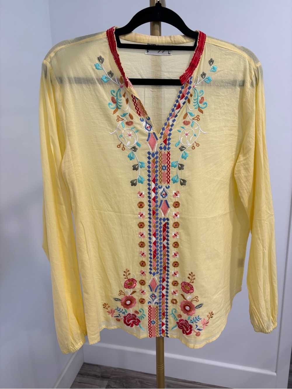 Yellow Embroidered V-Neck Boho Blouse